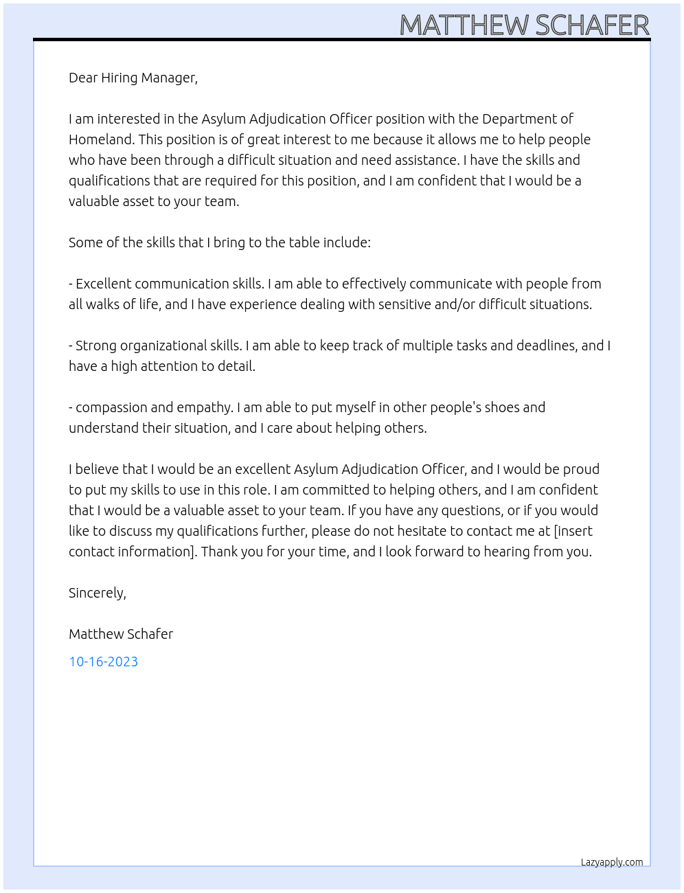 Asylum Adjudication Officer At Department of Homeland Cover Letter