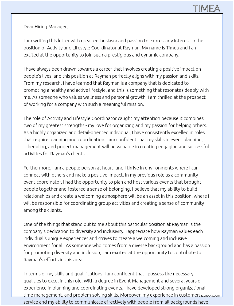 Activity and Lifestyle Coordinator At Rayman Cover Letter