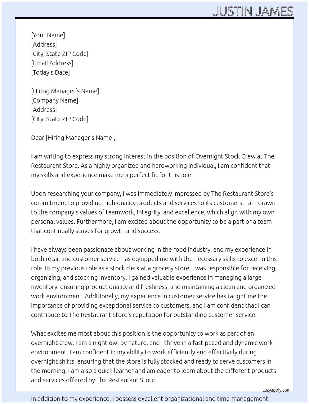 overnight stock crew At the restaurant store Cover Letter