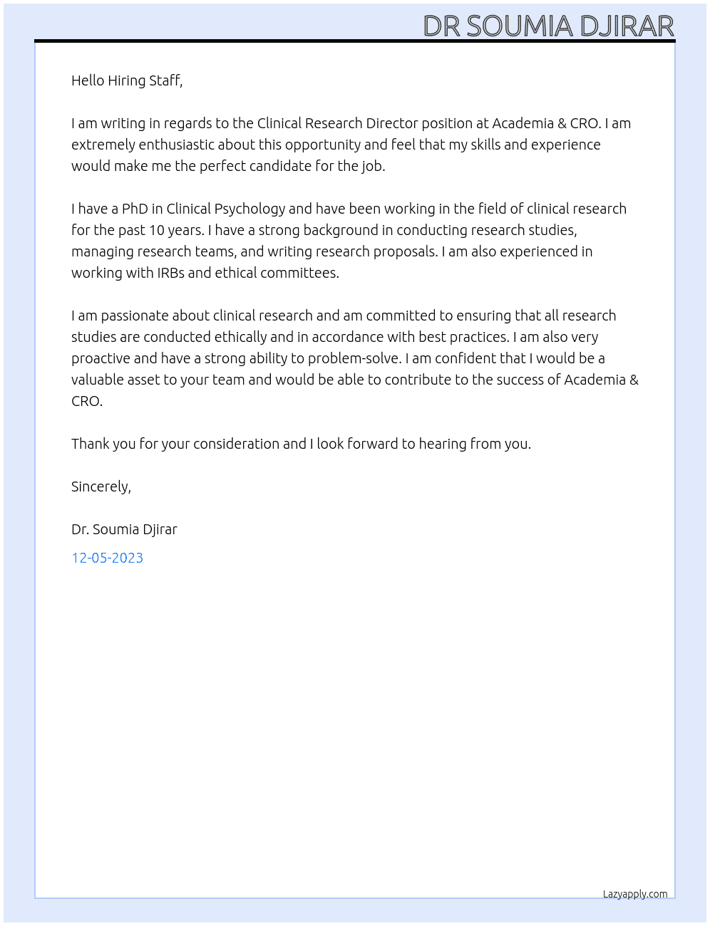 Clinical Research Director At Academia & CRO Cover Letter