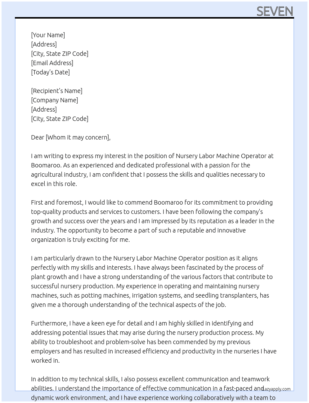Nursey labor machine operator At Boomaroo Cover Letter