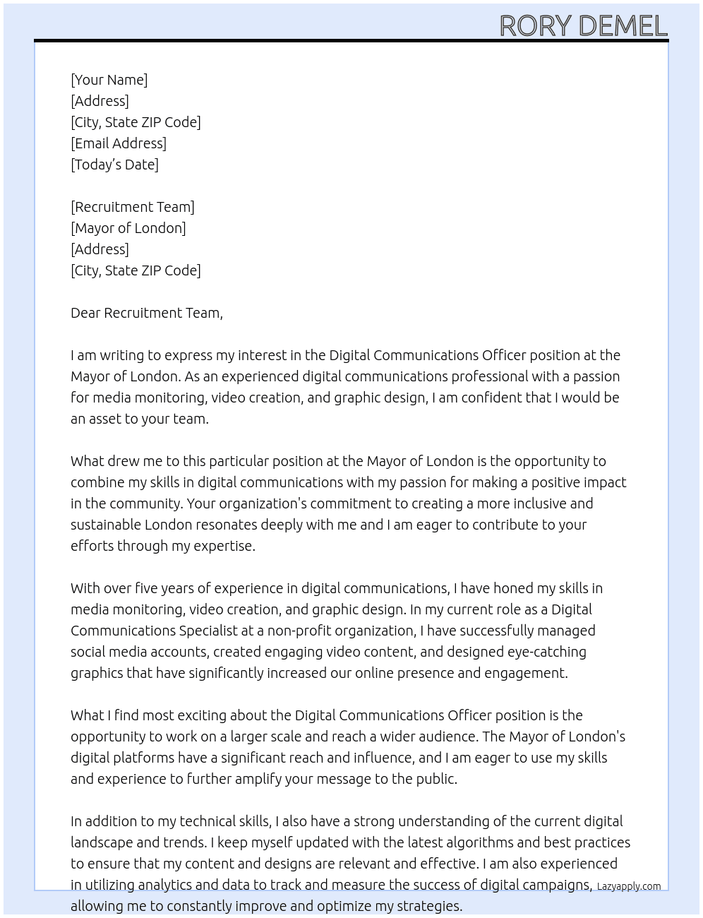 Digital Communications Officer  At Mayor of Lonndon Cover Letter
