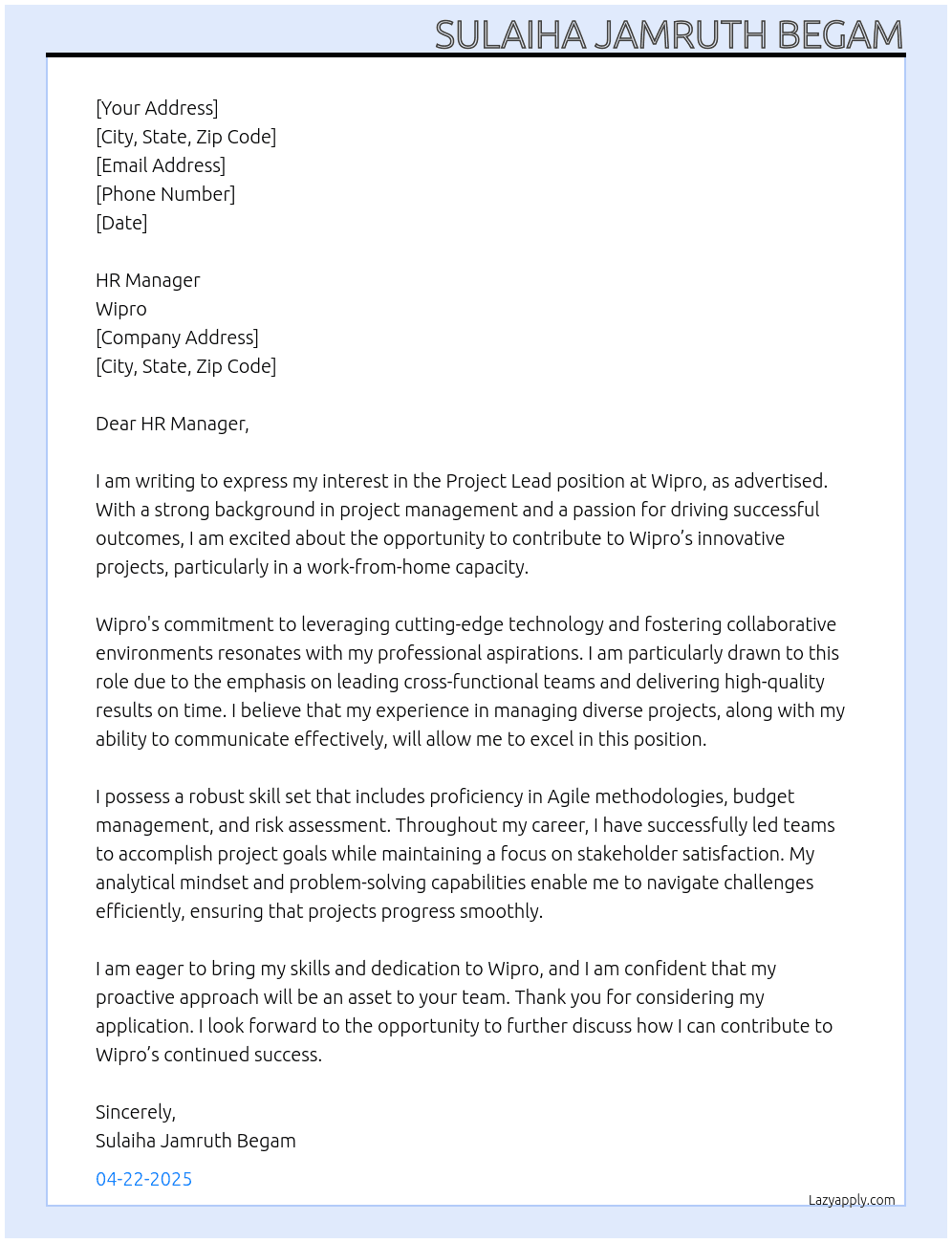 Project Lead At Wipro Cover Letter