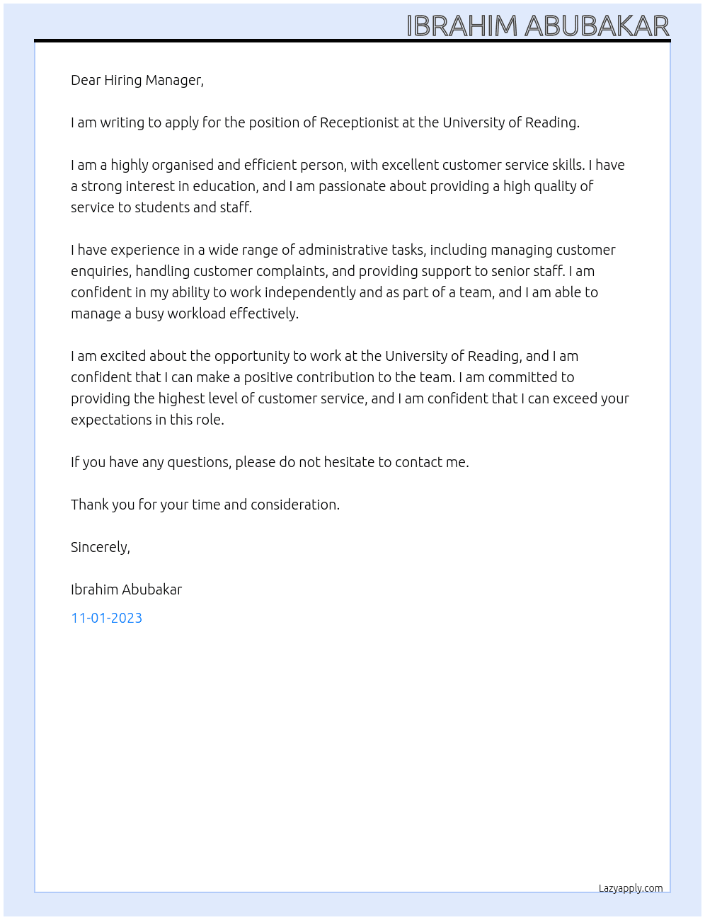 Ex. Receptionist  At University of Reading  Cover Letter