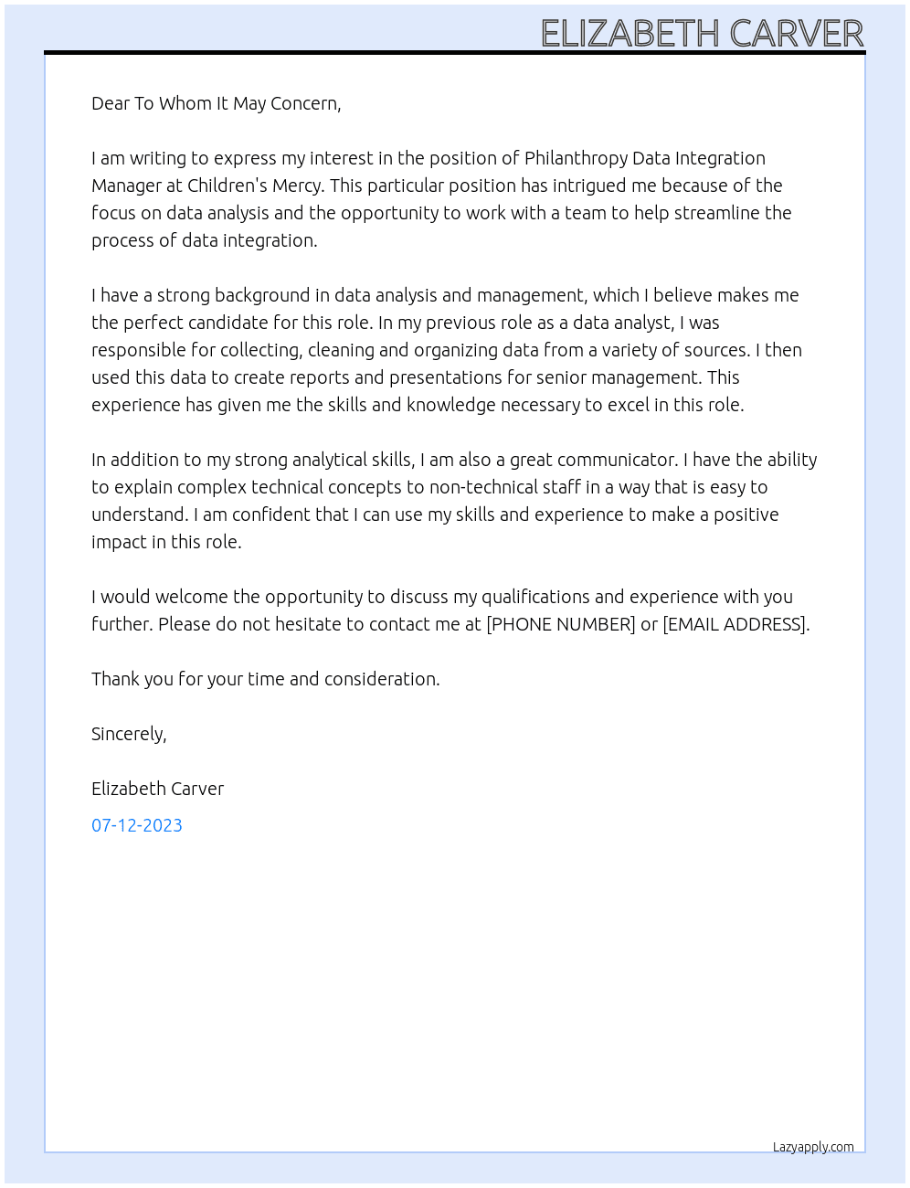 Philanthropy Data Integration Manager At Children's Mercy Cover Letter