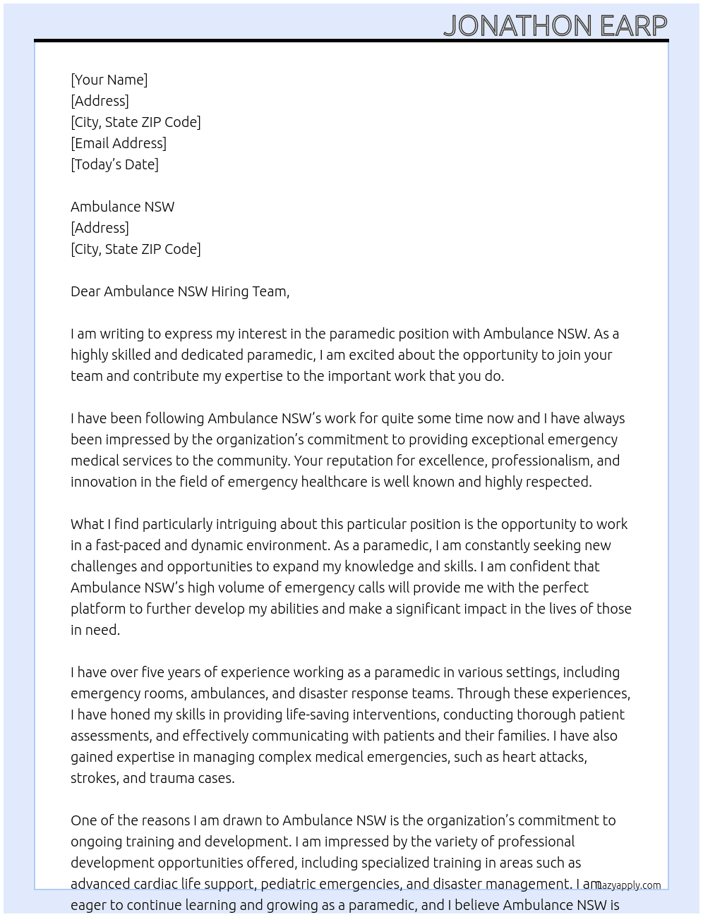 paramedic At Ambulance NSW Cover Letter