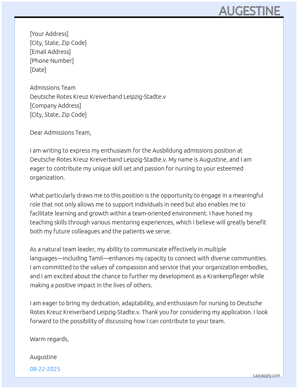 Cover letter for ausbildung admissions - LazyApply