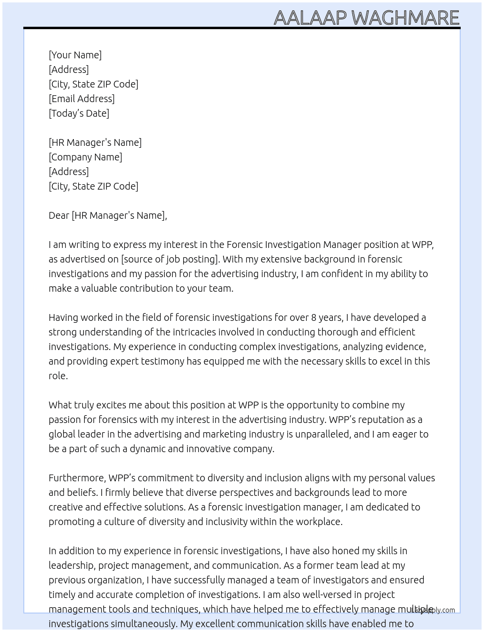 Forensic investigation manager At WPP Cover Letter