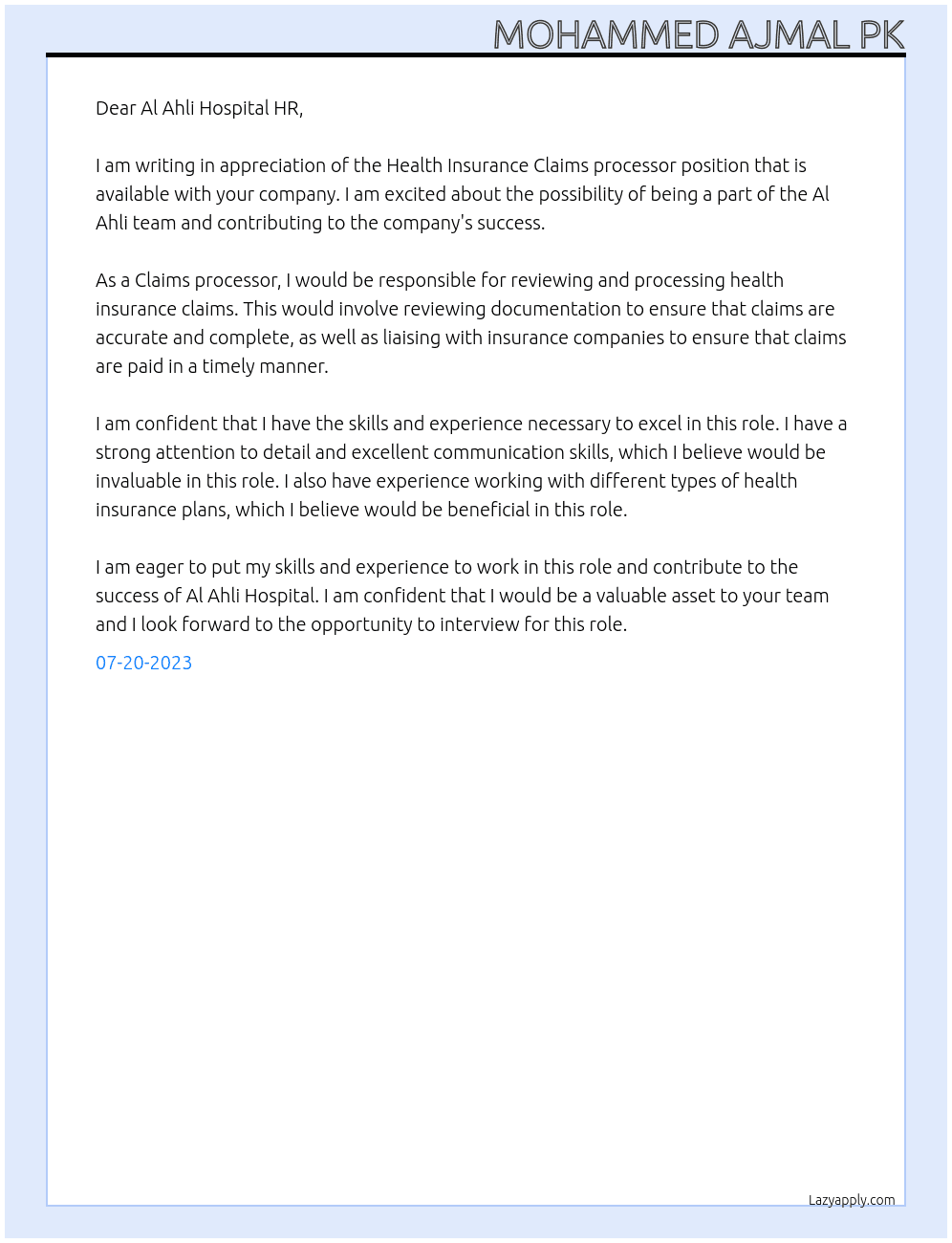 Health Insurance Claims processor At Al Ahli Hospital Cover Letter