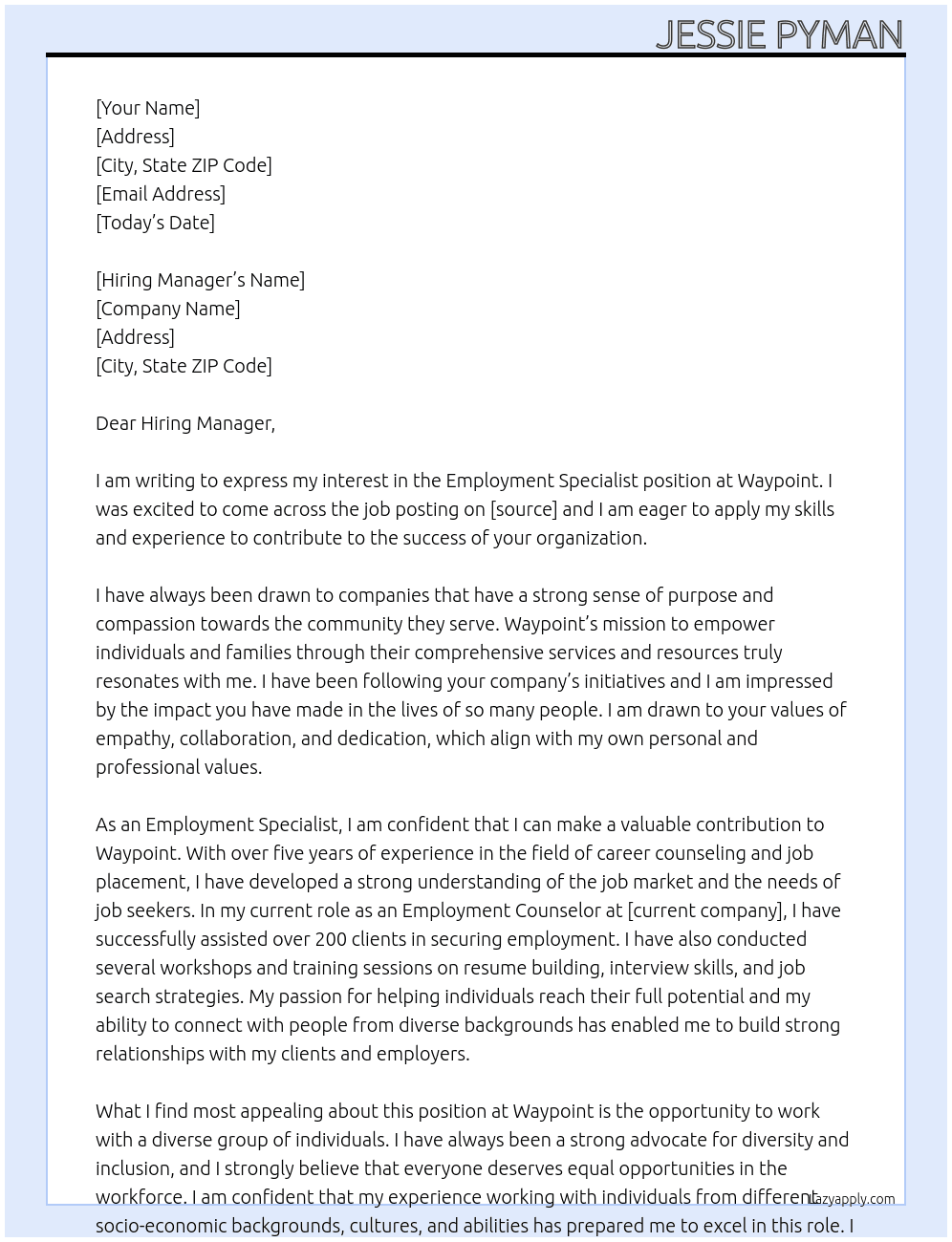 Employment Specialist At Waypoint Cover Letter