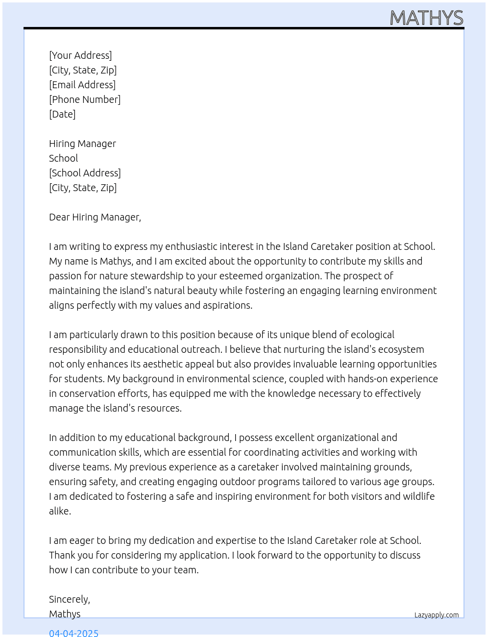 Island Caretaker At School Cover Letter