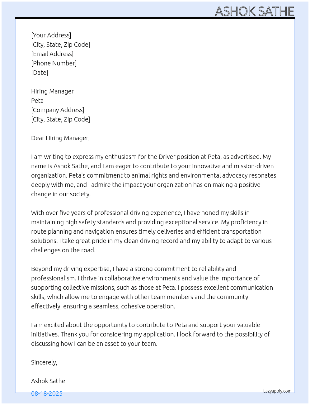 Driver At Peta Cover Letter
