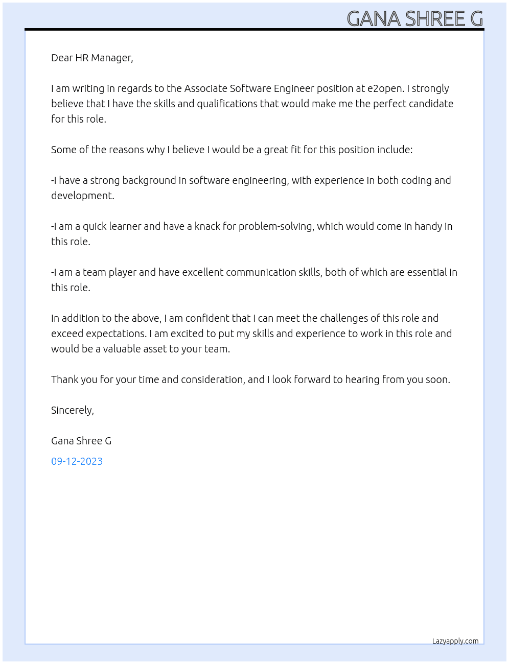 Associate software engineer At e2open Cover Letter