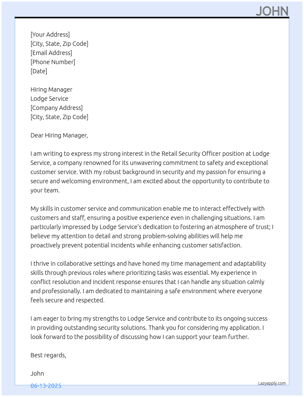 Retail Security Officer  At Lodge Service  Cover Letter