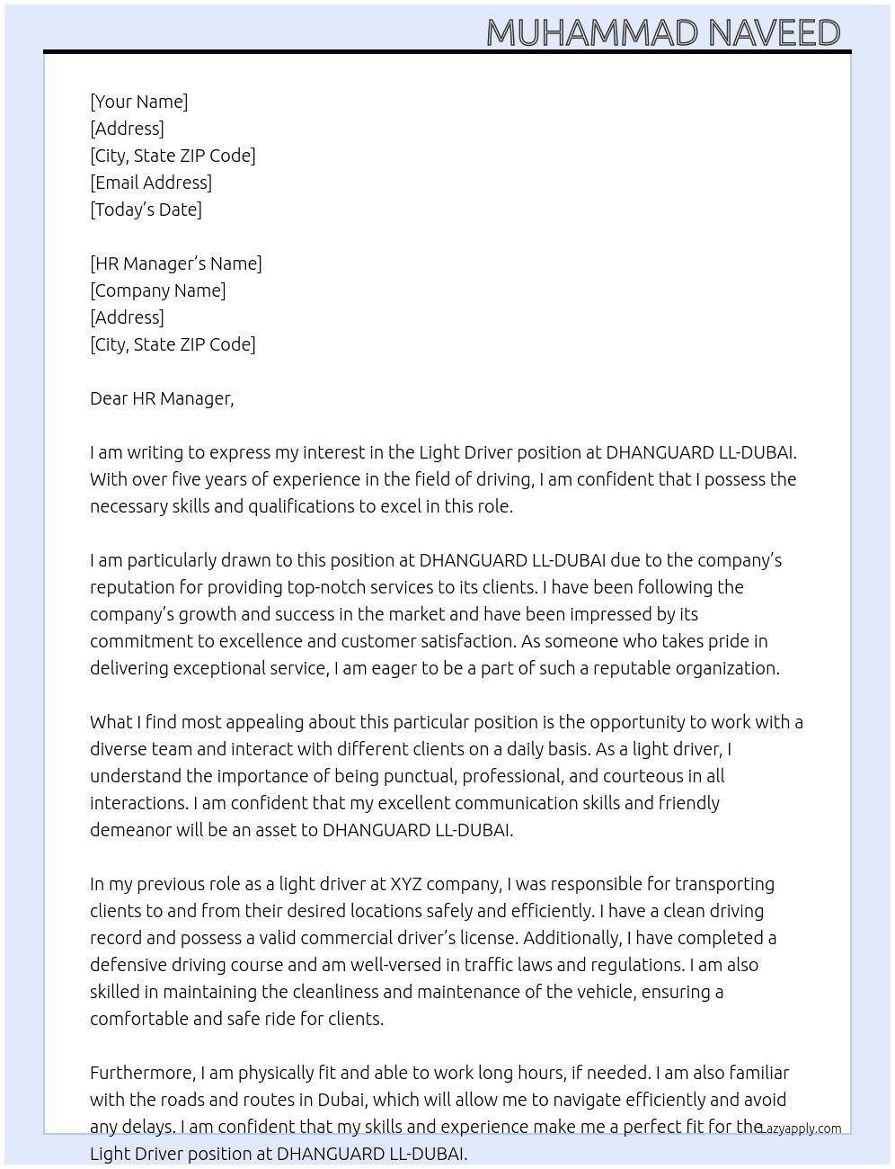 Light driver  At DHANGUARD LL-DUBAI  Cover Letter