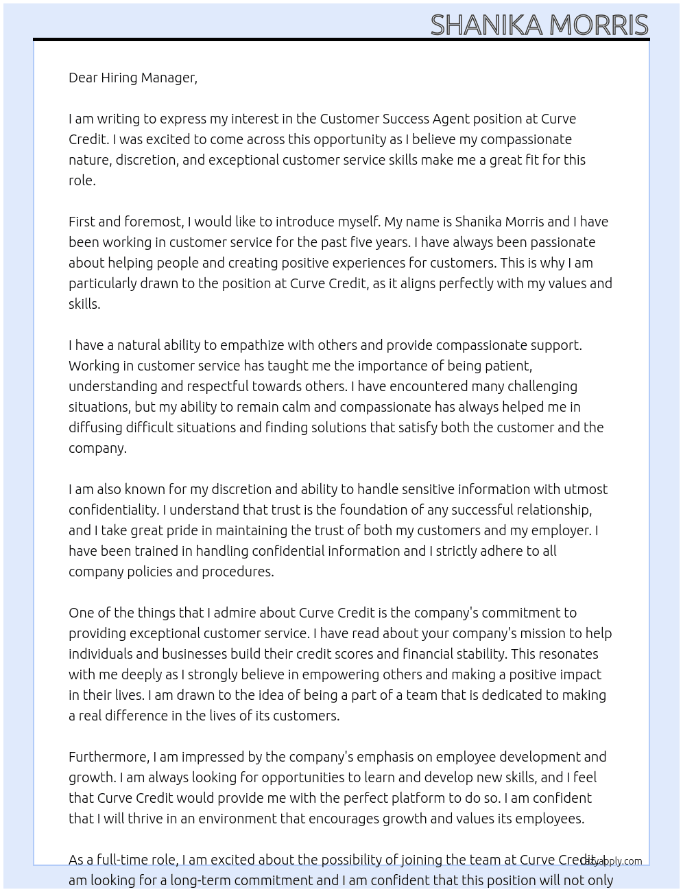 Customer Success Agent At Curve Credit Cover Letter