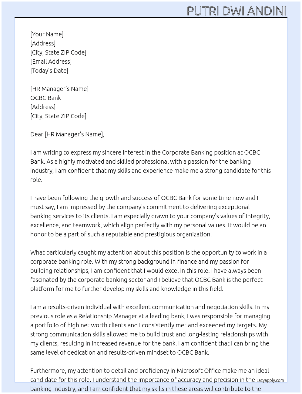 Corporate Banking At OCBC Bank Cover Letter