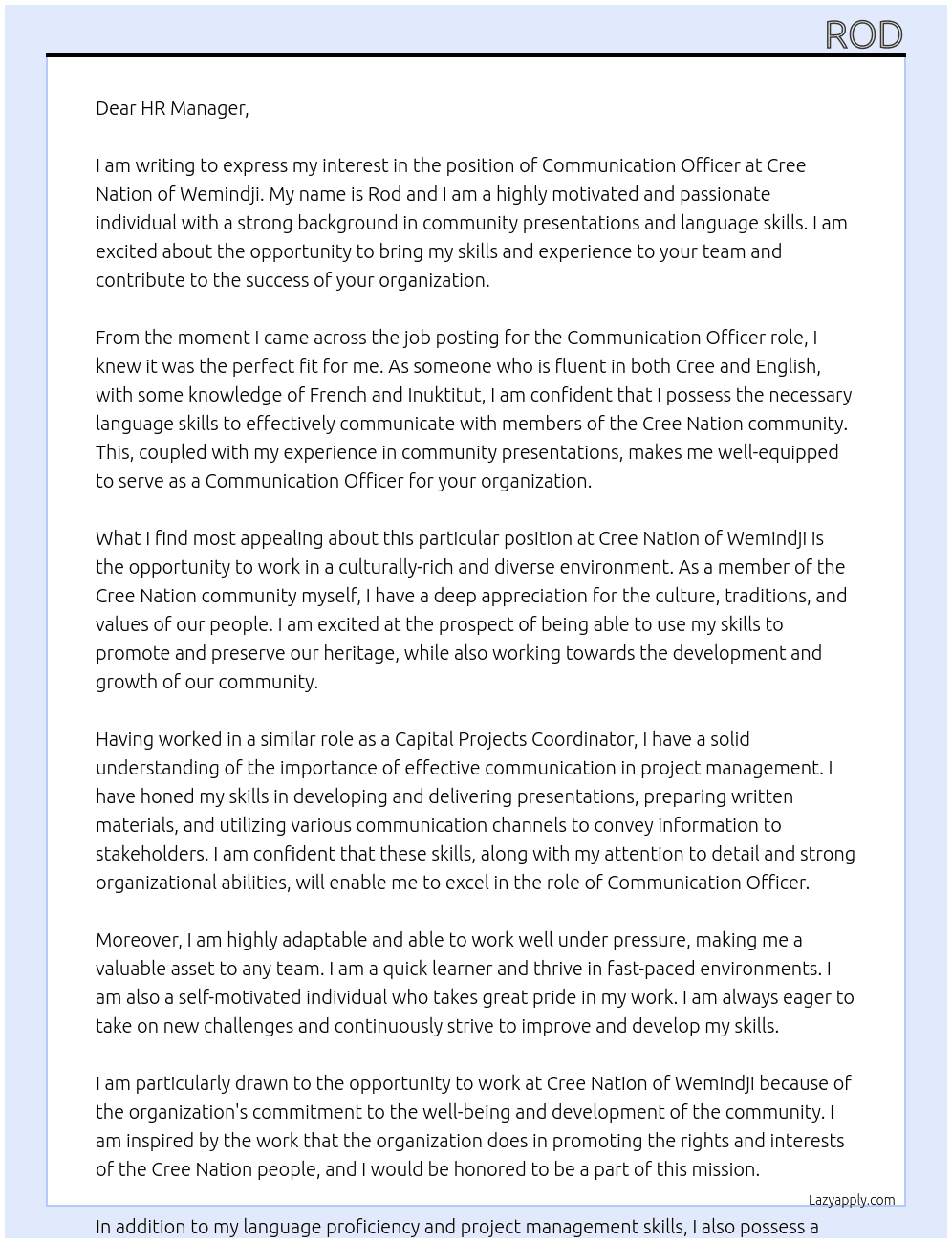 Communication Officer At Cree Nation of Wemindji Cover Letter
