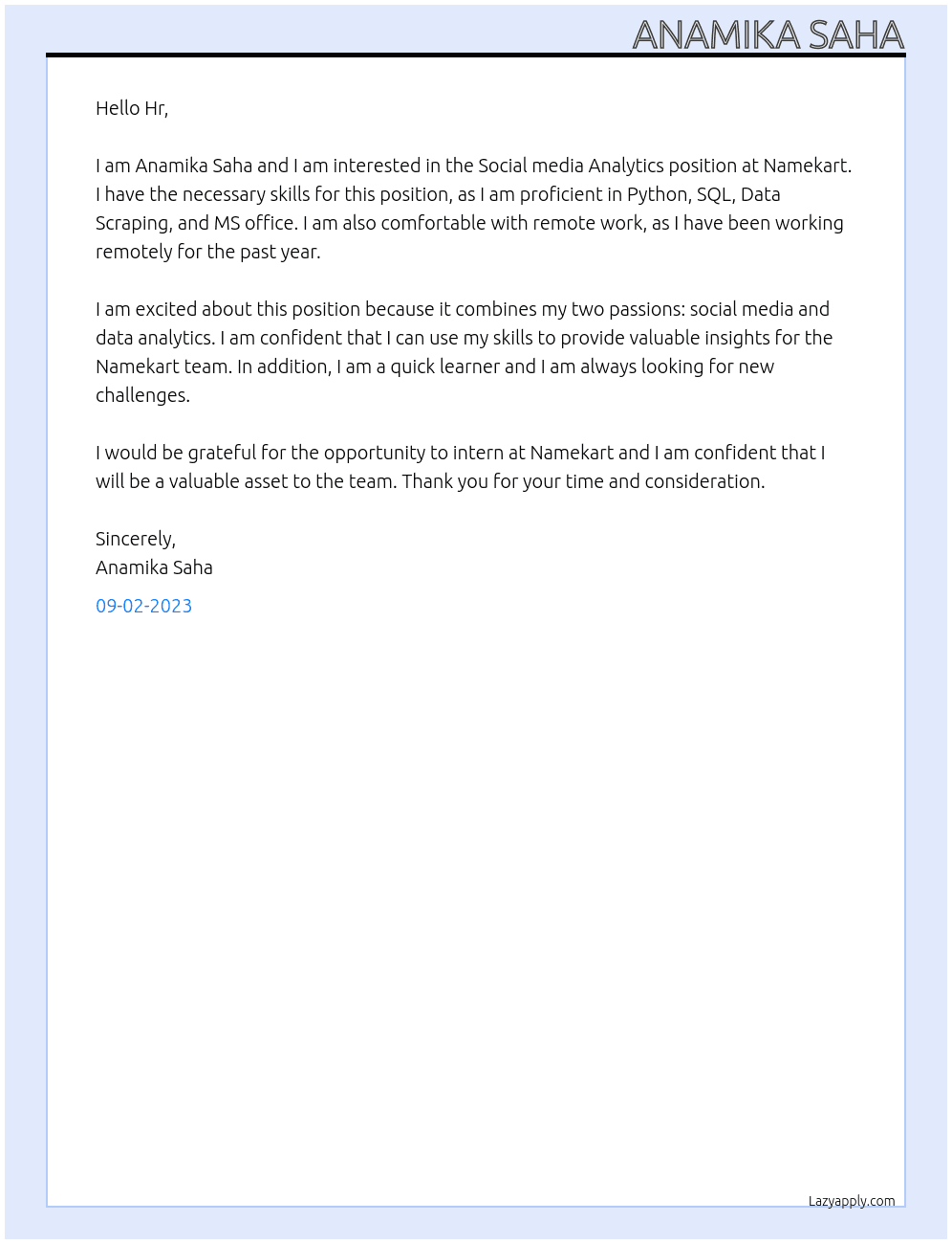 Social media Analytics  At Namekart Cover Letter