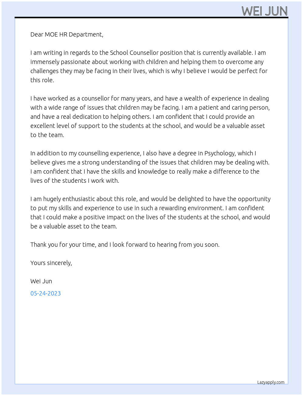 School Counsellor At Ministry of Education Cover Letter