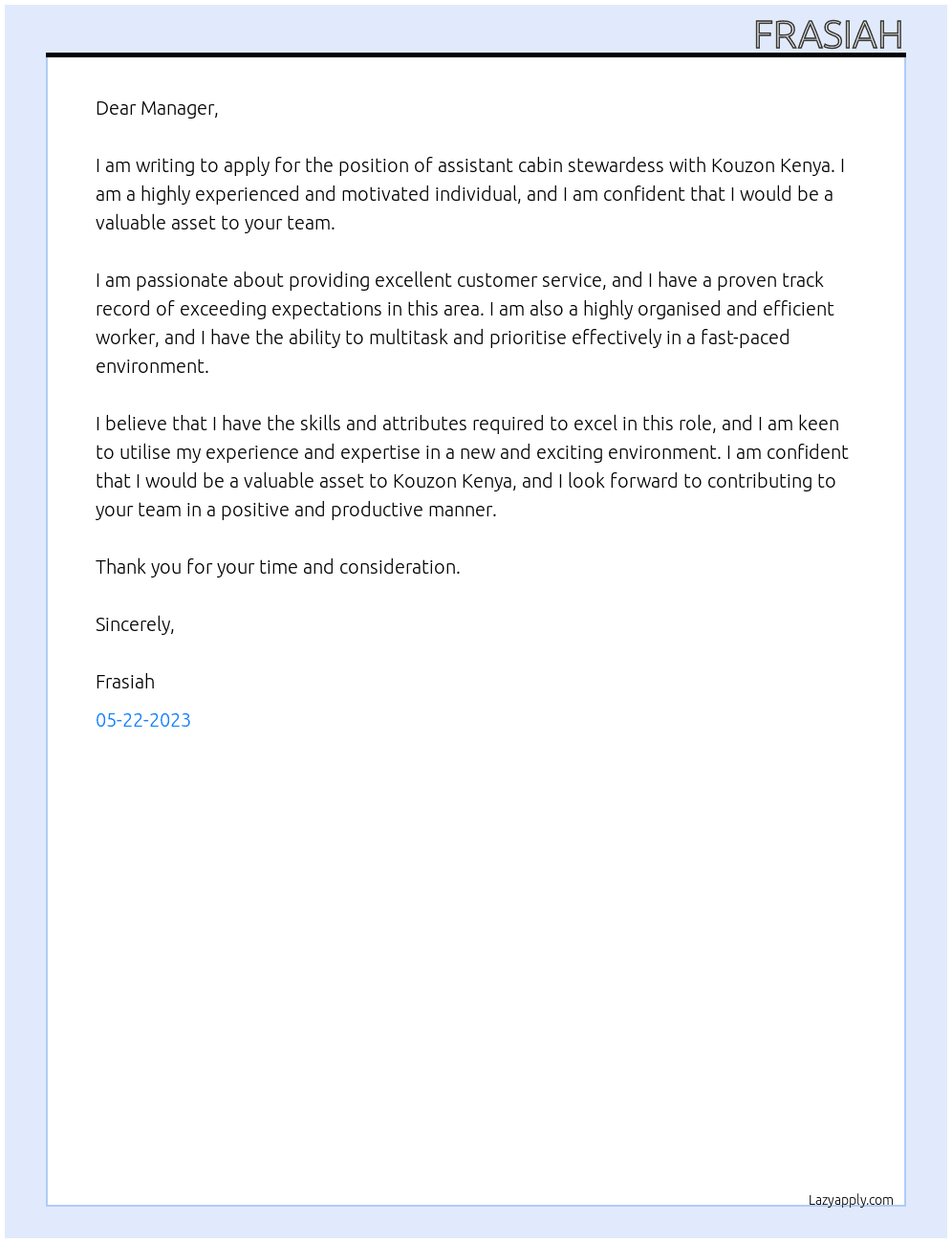 Assistant cabin stewardess  At Kouzon Kenya Cover Letter
