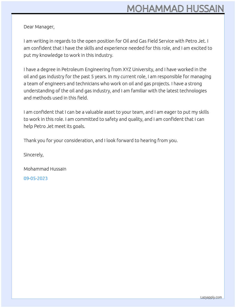Oil and gas field service  At Petro jet Cover Letter