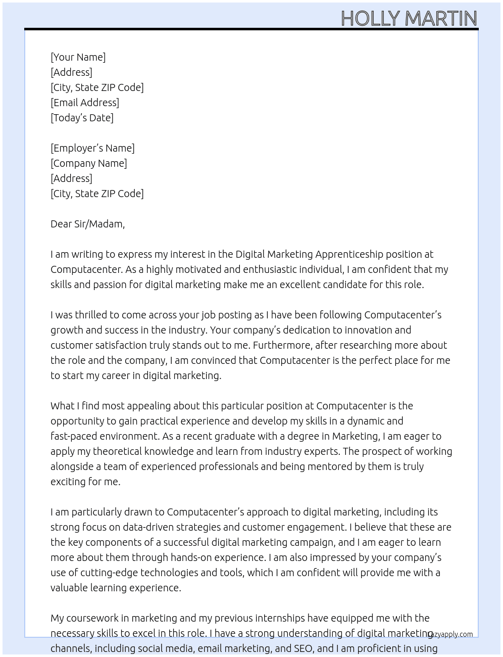 Digital marketing apprenticeship At Computacenter Cover Letter