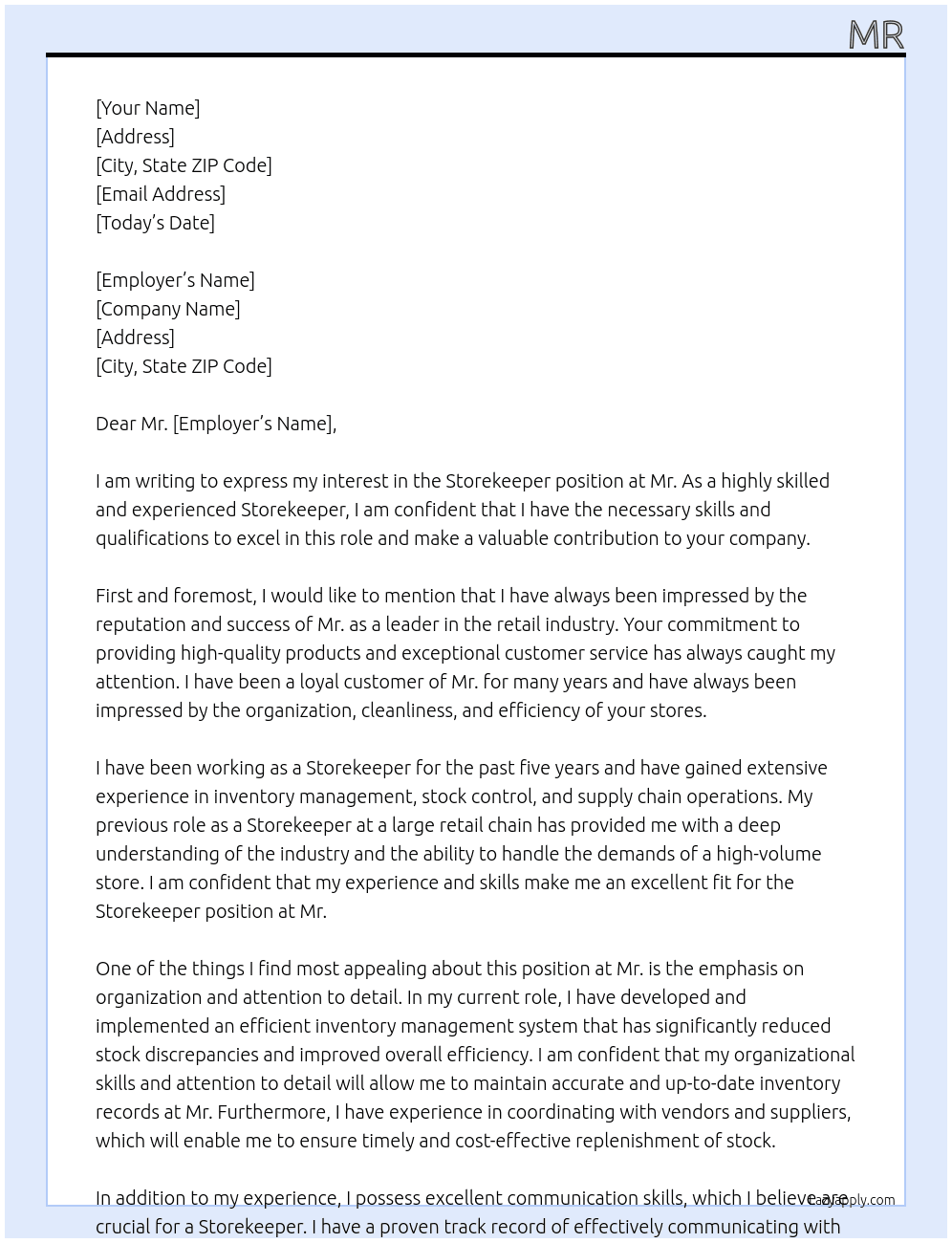 Storekeeper At Mr Cover Letter