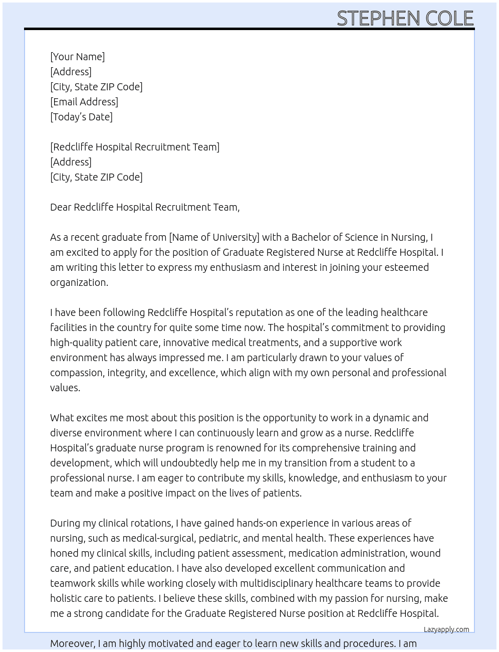 Graduate Registered Nurse At Redcliffe Hospital Cover Letter