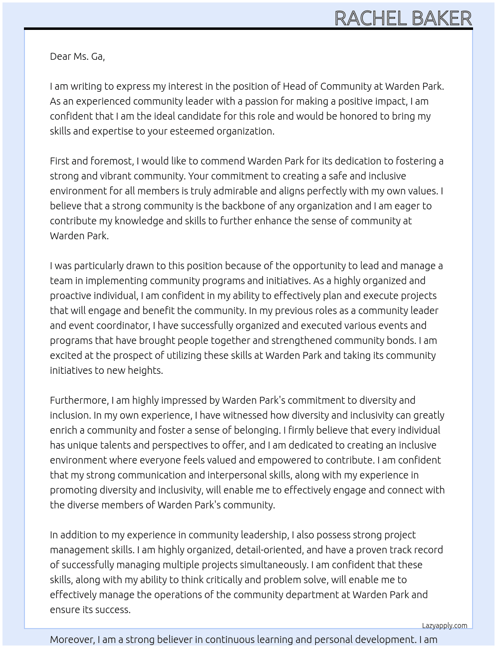 Head of community At Warden park Cover Letter