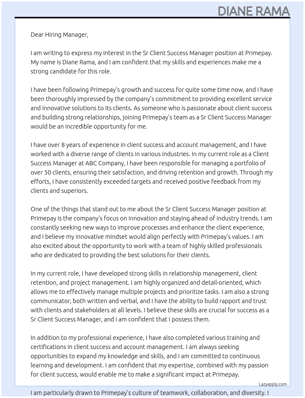 Sr Client Success Manager At Primepay Cover Letter