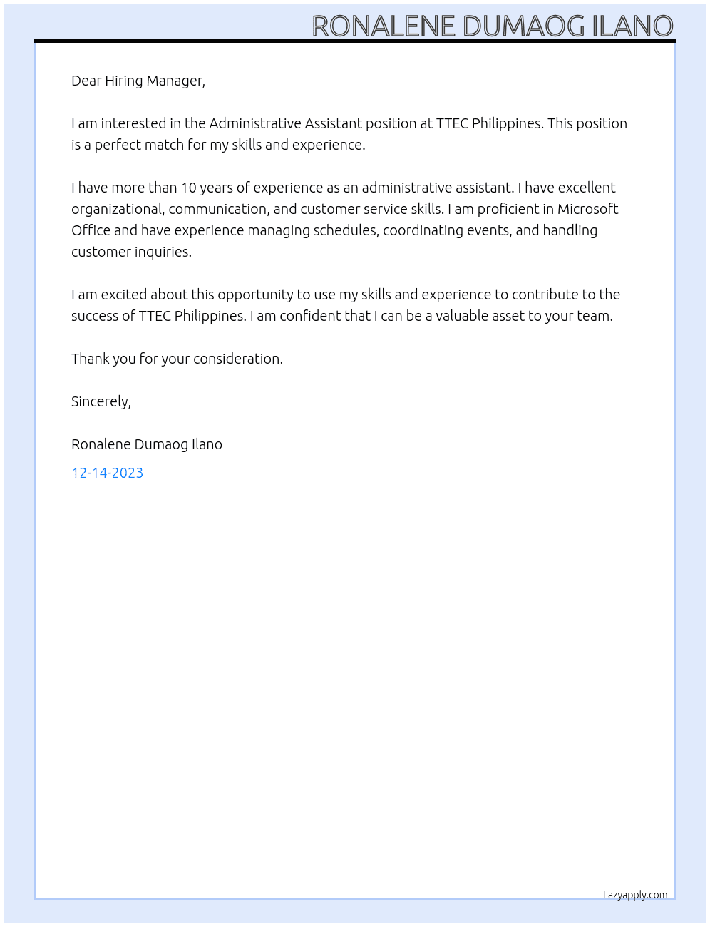 Administrative Assistant At TTEC Philippines Cover Letter