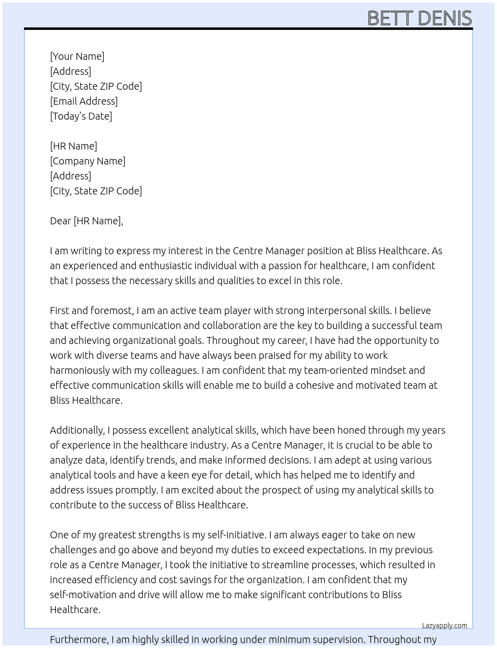 Centre manager At Bliss Healthcare Cover Letter