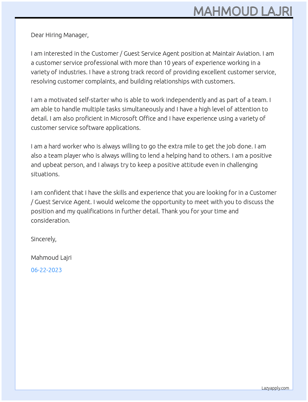 Customer / Guest Service Agent At Maintair Aviation Cover Letter