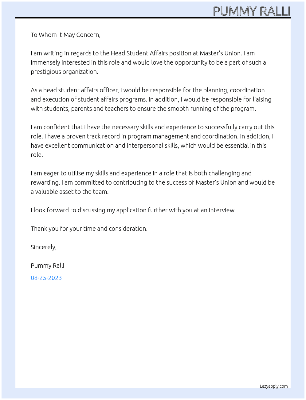 Head Student Affairs At Master’s Union Cover Letter