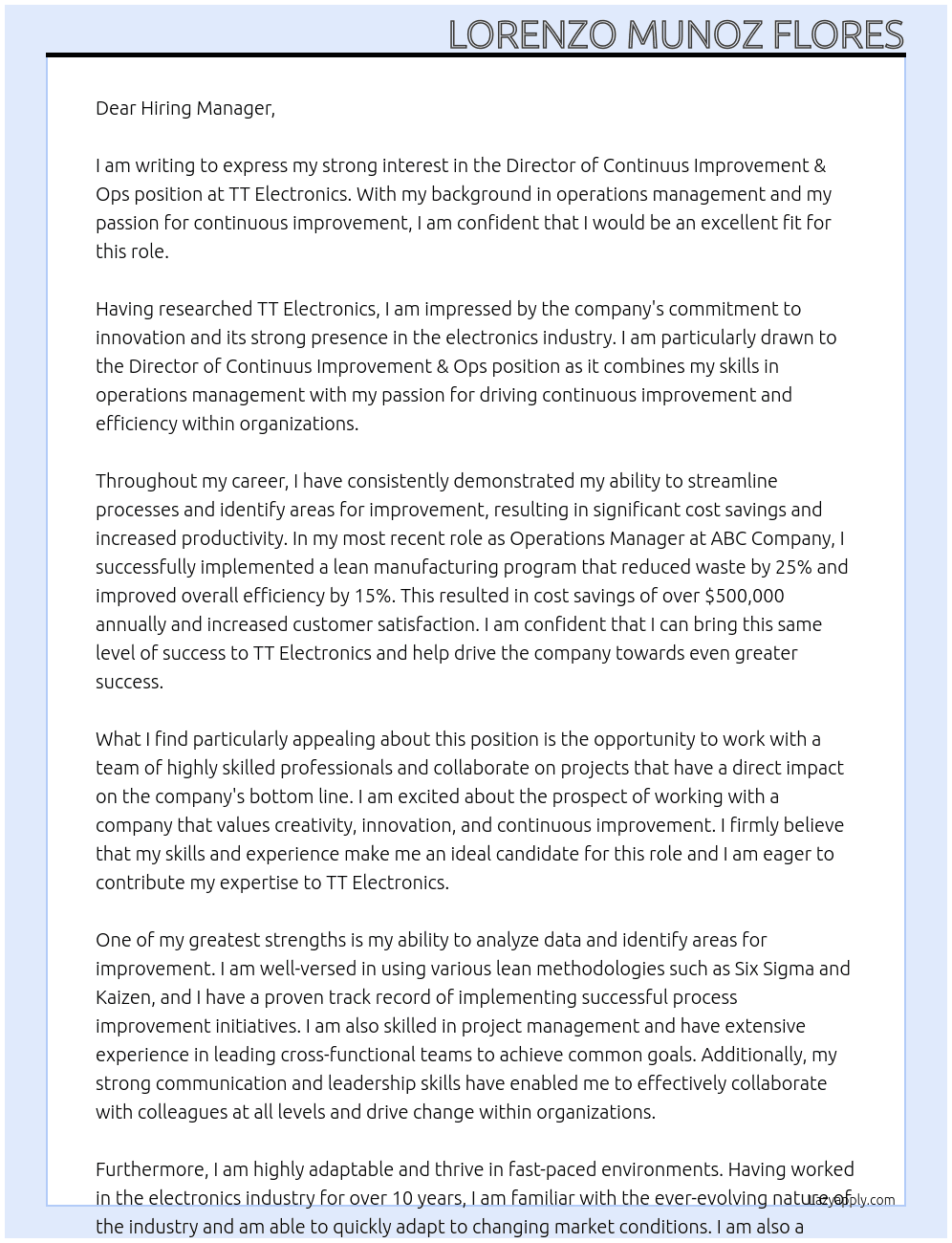 Director of Continuus Improvement & Ops At TT Electronics Cover Letter