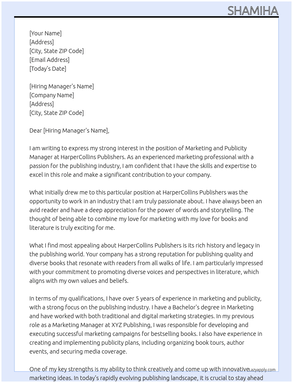 Marketing and Publicity Manager At HarperCollins Publishers Cover Letter