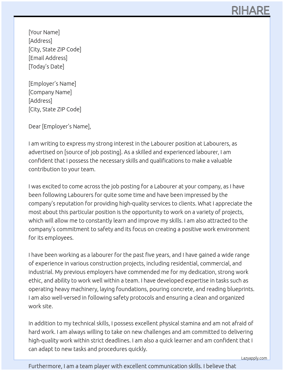 Labourer At Labourers  Cover Letter