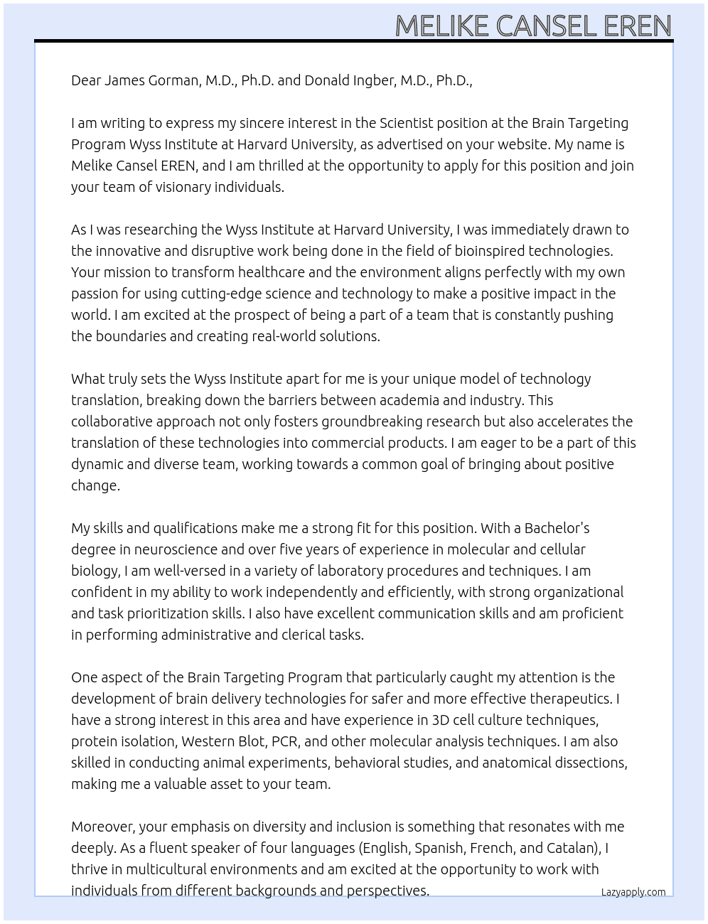 Scientist At Brain Targeting Program Wyss Institute at Harvard University Cover Letter