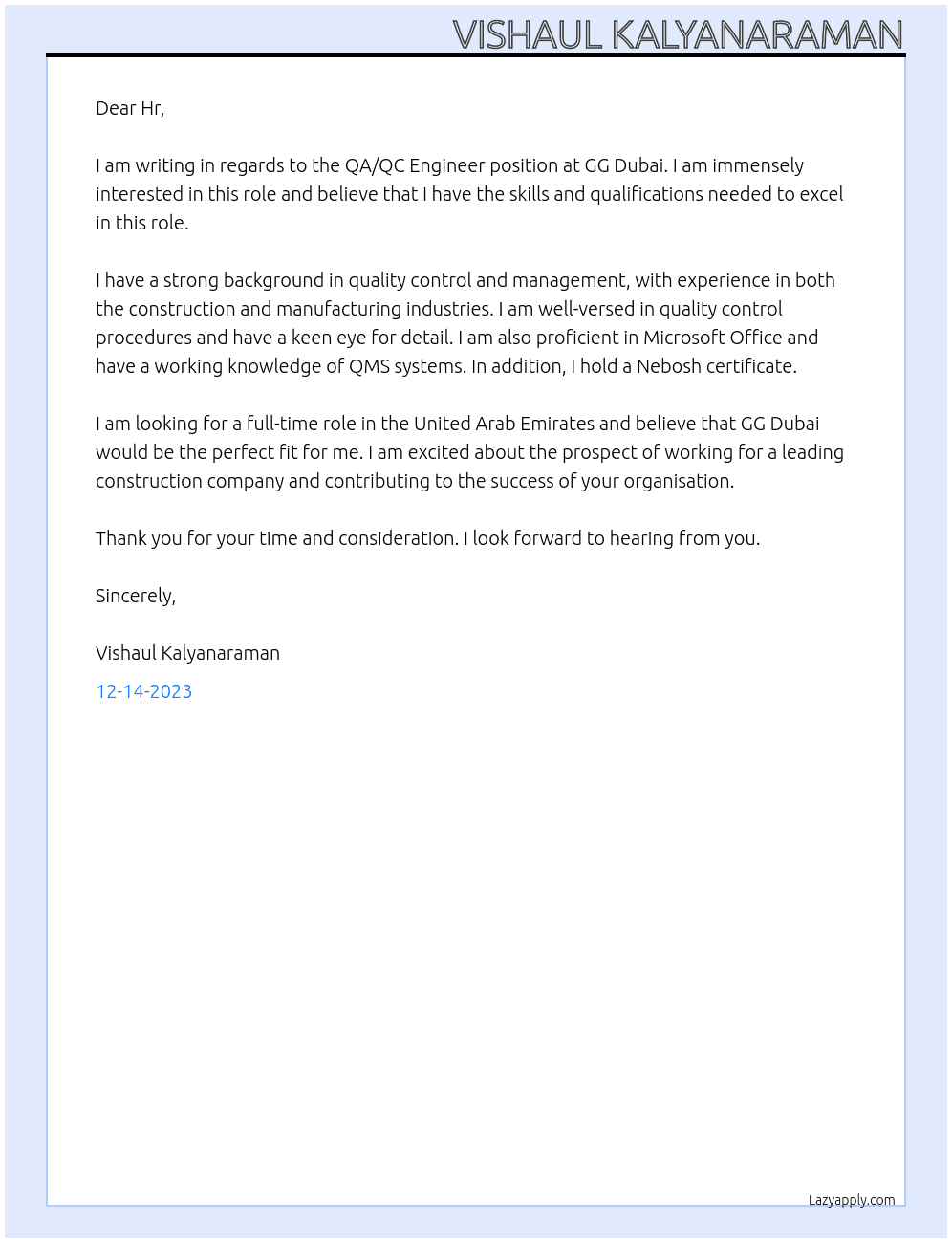 QA / QC Engineer At GG Dubai Cover Letter