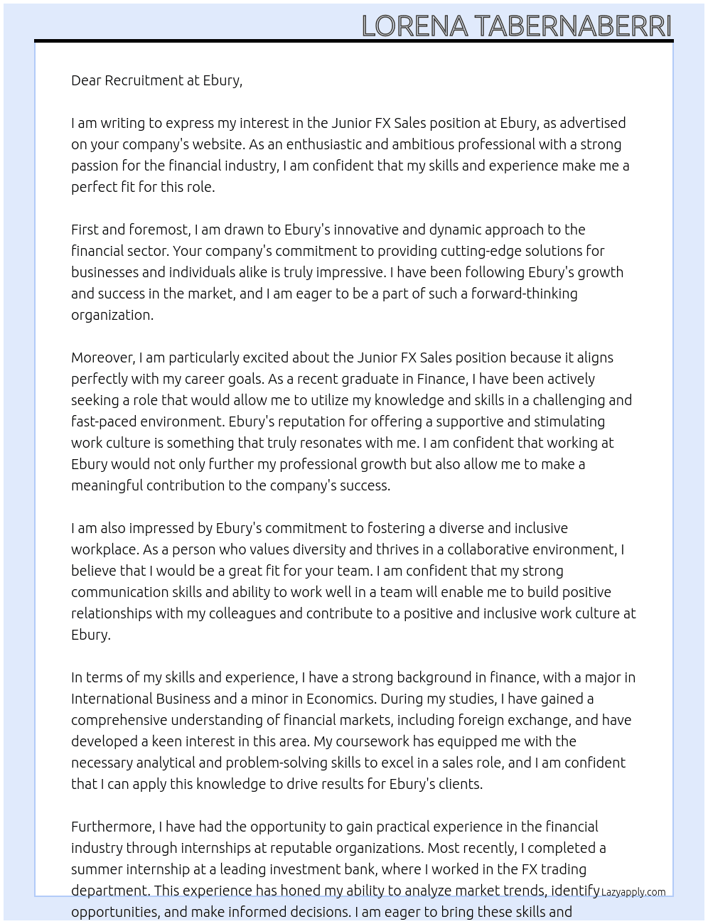 Junior FX Sales At Ebury Cover Letter