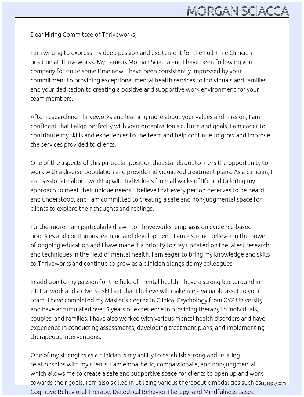 Full Time Clinician At Thriveworks Cover Letter