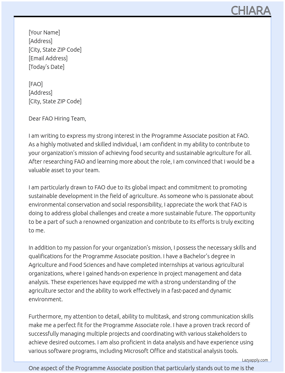 PROGRAMME ASSOCIATE At FAO Cover Letter