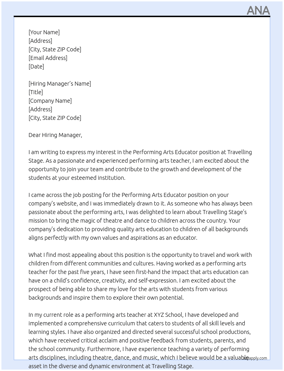 Performing Arts Educator At Travelling Stage Cover Letter