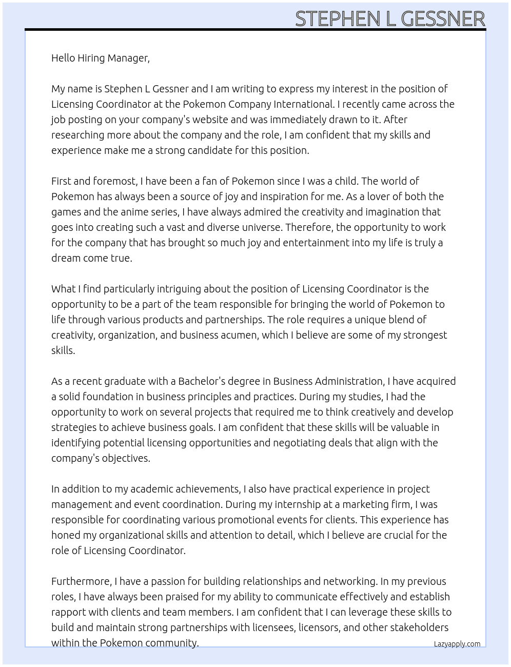 Licensing coordinator  At Pokemon Company International  Cover Letter