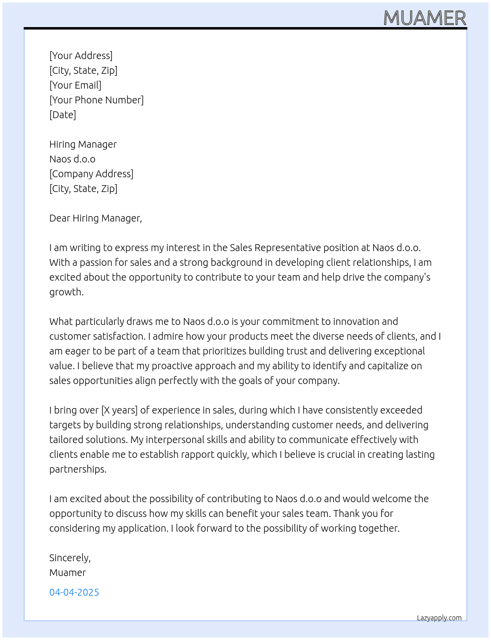 Sales representative At Naos d.o.o Cover Letter