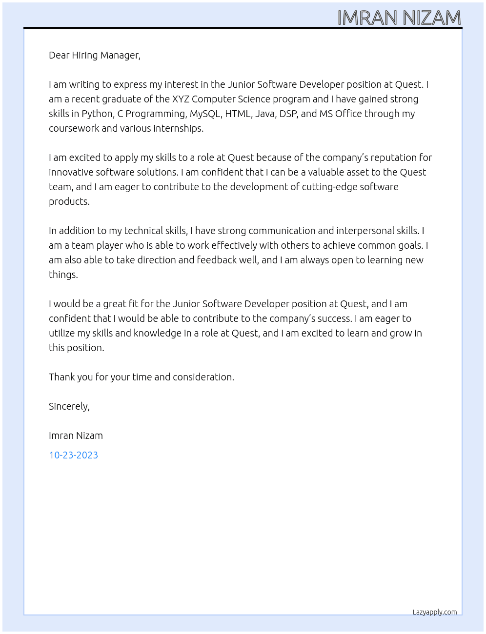Junior Software Developer At Quest Cover Letter