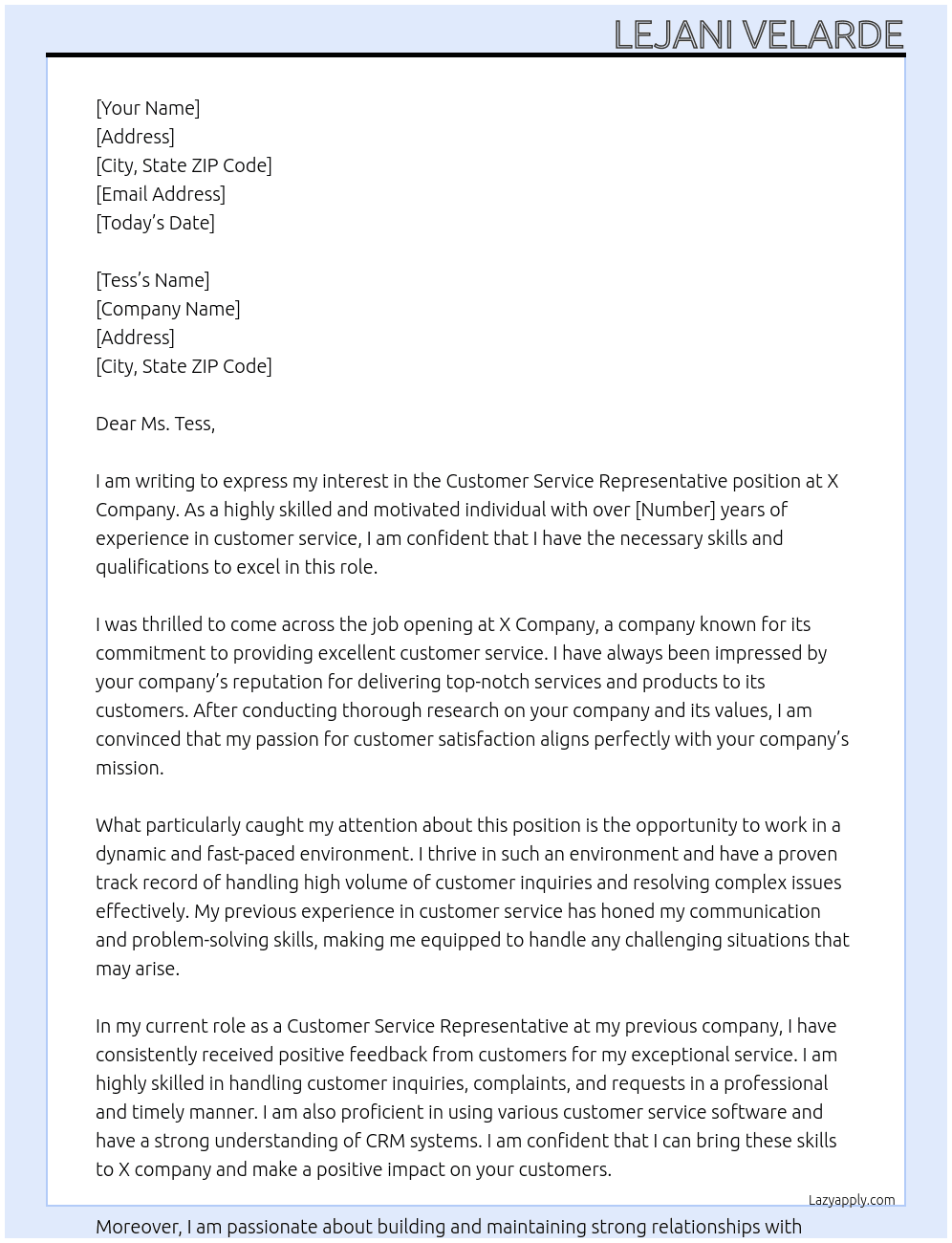 Customer Service Representative At X Company Cover Letter