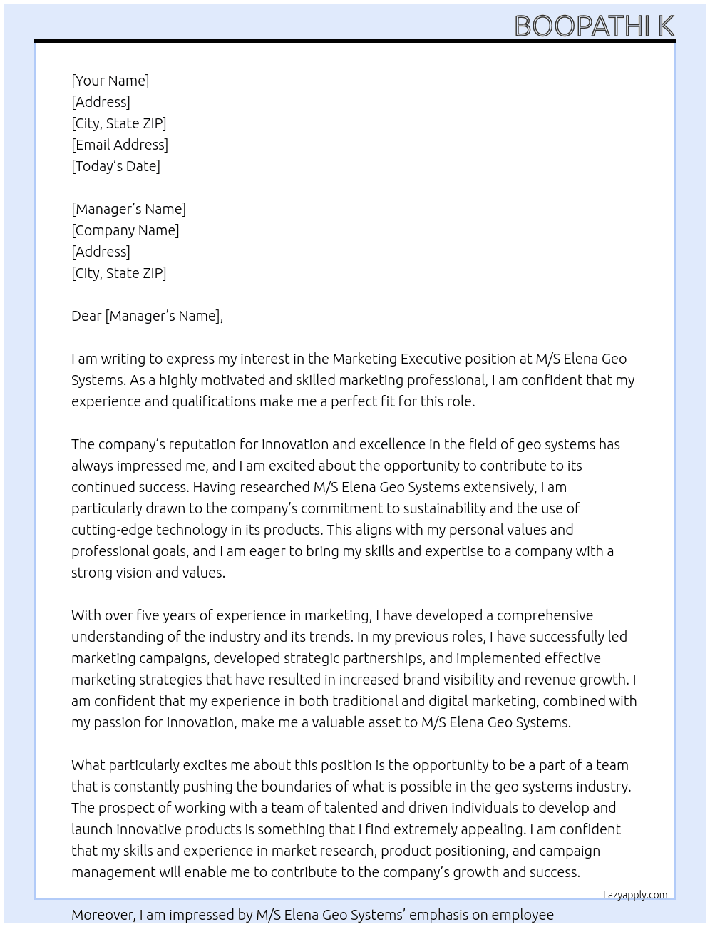Marketing Executive  At M/S Elena Geo Systems  Cover Letter