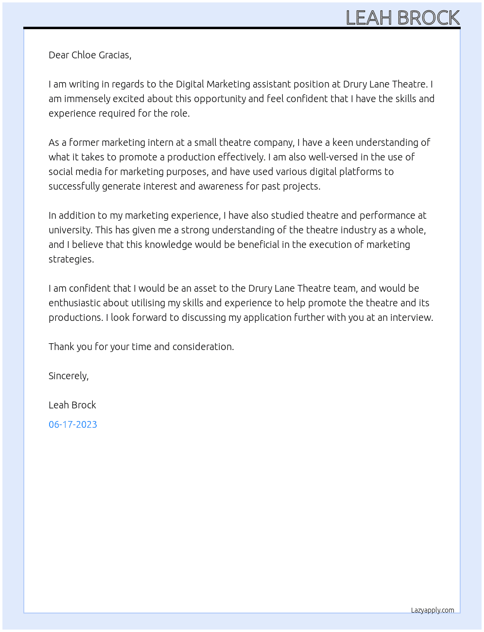 Digital Marketing assistant  At Drury Lane Theatre  Cover Letter